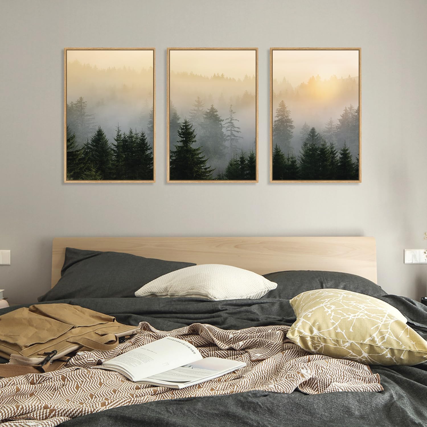 FWIEXA Misty Forest Wall Art Set Framed, Large Mountains Canvas Wall Decor, Green Nature Wall Painting, Foggy Tree Landscape Artwork 3 Panel 24x36 Inches for Living Room, Bedroom, Office, Gift